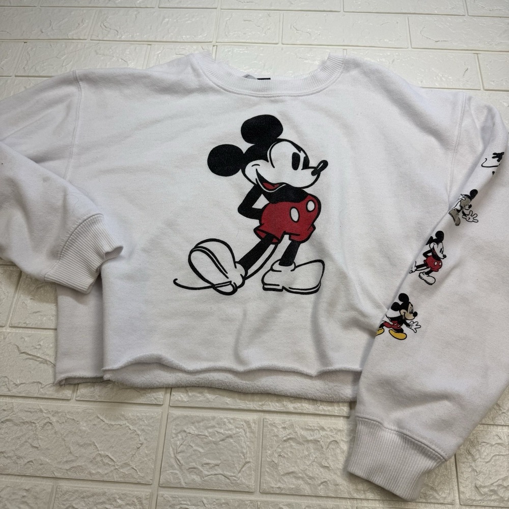 Vintage Mickey Mouse Crop Top Crewneck Sweatshirt Womens M White Disney Official